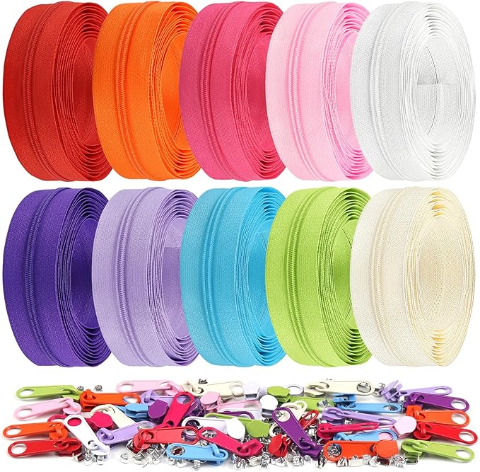 DOITEM 31 Yards 10 Pieces Sewing Zippers #3 Nylon Coil Zippers 10 Colors Assorted Zipper for Sewing with 40 Zipper Sliders for DIY Tailor Sewing Crafts Supplies,