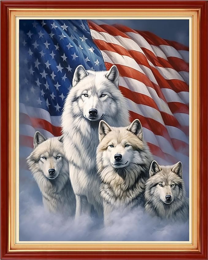 Joyhoor Cross Stitch Kits for Beginners Stamped Cross-Stitch Supplies Needlework preprint Embroidery Kits for Adults DIY Needlepoint Kits Embroidery Patterns 11CT-Flag Wolf 16x20 inchs