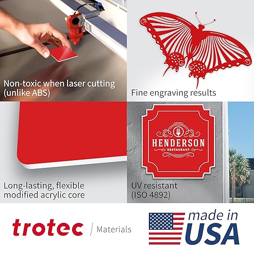 Trotec TroLase | 12"x20"x1/32", 4 Pcs | Red/White | 2 Ply | Modified Acrylic | Laser Engraving Double Color Plastic Sheet | Engraving Blanks for Laser, Saw, Guillotine | Made in USA