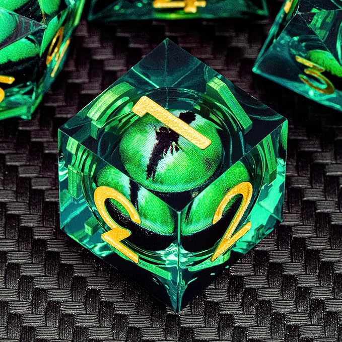 ARUOHHA DND Resin Dice Dragon Eye Dice Liquid Core Green Sharp Edged Dice Set with Gift Box, Dungeons Polyhedral D and D Dice Set Compatible with D&D Role Playing Game D20 D12 D10 D8 D6