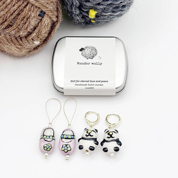 Knitting and Crochet Stitch Markers 4 PCS in One Case, 2 Pink Shoes Closed Rings& 2 Panda Openable Markers