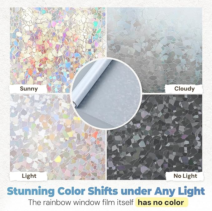 DOWELL Window Privacy Film Rainbow Film, Stained Glass Decorative Sticker, Static Cling Non-Adhesive Glass Clings, Sun Blocking Heat Control Window Coverings for Home Door, 23.6" x 157.4"