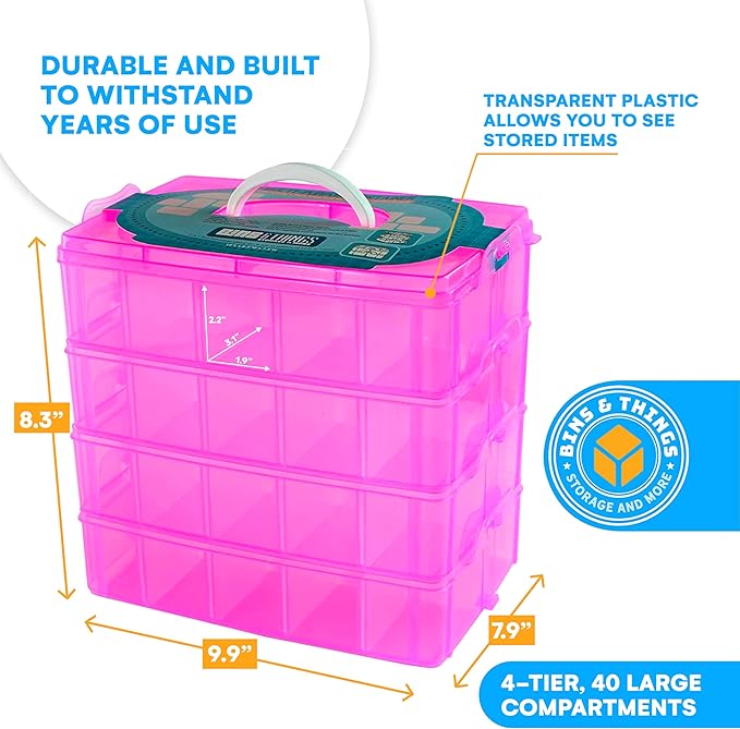 Bins & Things Bead Organizer with Adjustable Compartments - Durable Toy Organizers and Storage Solution for Dolls, Crafts, Mini Toy Figures, Jewelry and Beads - 4 Tier, 40 Compartments, Pink