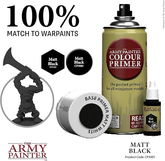 The Army Painter Base Primer Matt Black, 400 mL Acrylic Spray Primer, Spray Paint Basecoat for Miniature Priming, Tabletop Roleplaying, Boardgames, and Wargames Miniature Modelling