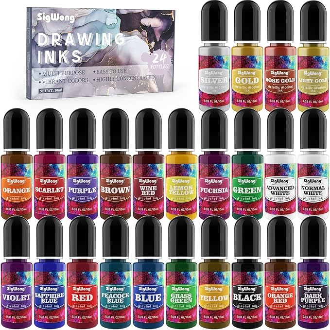 Alcohol Ink Set - 24 Bottles Vibrant Colors High Concentrated Alcohol-Based Ink, Concentrated Epoxy Resin Paint Colour Dye Great for Resin Petri Dish, Coaster, Painting, Tumbler Cup Making(10ml Each)