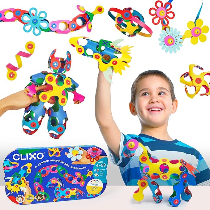 Clixo Rainbow Max 54 Piece Pack - Flexible, Durable, Imagination-Boosting Magnetic Building Toy- Modern, Modular Designs for Hours of STEM Play. A Multi-Sensory Magnet Toy, Travel Friendly. Ages 4-99