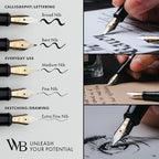 Wordsworth & Black Fountain Pen Set, 18K Gilded Fine Nib, Includes 24 Pack Ink Cartridges, Ink Refill Converter & Gift Box, Gold Finish, Calligraphy, [Silver Gold], Perfect for Men & Women