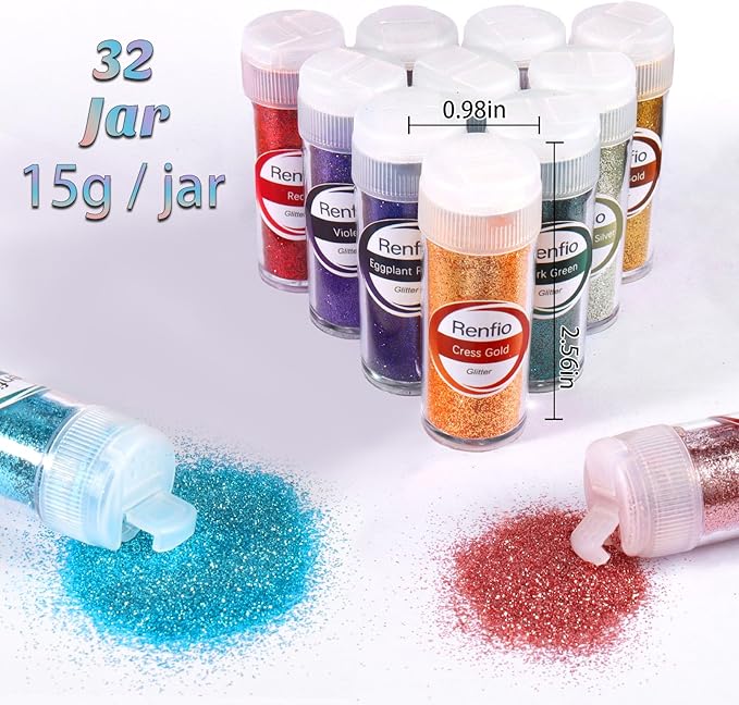 Renfio 32 Colors Glitter Set, 16.93oz 480g Ultra Fine Glitter Powder PET 1/128" 0.008" 0.2mm Resin Suppies Assorted Craft Glitter for Fake Nails, Resin Art, Tumblers, Slime, Hair, Bomb