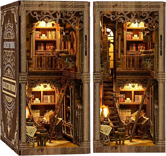 Book Nook Kit for Adult Miniature Model Build Dollhouse Kit 3D Wooden Puzzle with Sensor Led Light for Bookshelf Bookend Insert Decor Adults Teen Crafts(Classical Book Collection Room)