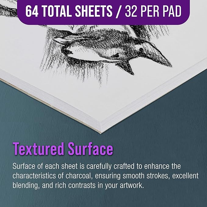 U.S. Art Supply 9" x 12" Premium Heavy-Weight Charcoal Sketchbook (2 Pack, 64 Sheets Total) - 90lb (160gsm) Sketch Book Pad for Charcoal, Pencil & Pastel Drawing