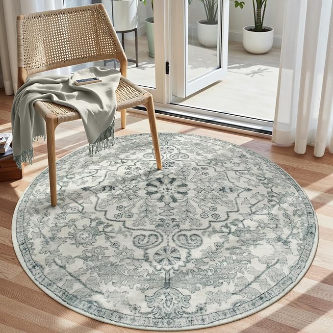 Lahome Round Rug 4ft, Soft Rug for Bedroom Machine Washable Office Circle Rug, Bohemian Medallion Non-Slip Non-Shedding Low Pile Printed Indoor Carpet for Kitchen Laundry Bathroom, Beige