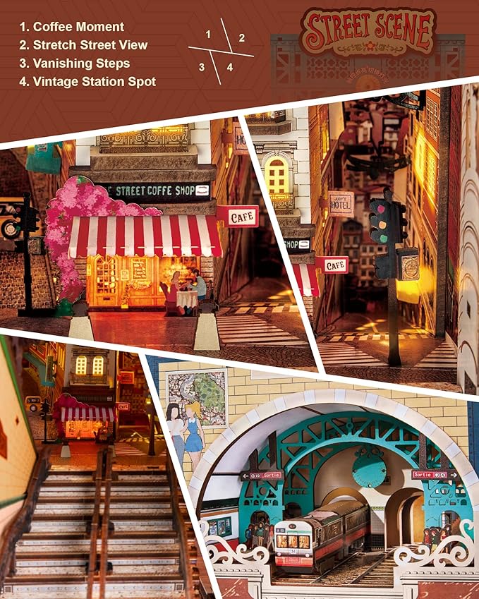 Rolife DIY Book Nook Kits for Adults, Miniature Dollhouse Booknook Kit, 3D Wooden Puzzle Creative Decorative Bookends Bookshelf Diorama Insert Crafts Hobbies Gifts (Street Scene)