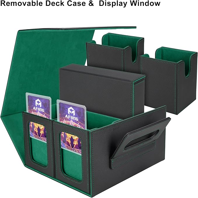 AFIING Commander Deck Box for MTG/EDH, Fits 400+ Double-Sleeved Cards, with Display Window, 4 Removable Deck Cases, Dividers, Dice Tray & Handle, Card Holders for TCG (Black Green)