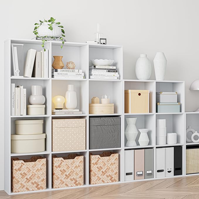 Wooden Cube Storage Organizer with Closed Back Panel, 11in Cube Shelf Opening, Bookshelf, Display Shelf,Closet Cabinet for Home and Office (Embossed White, 12-Cube 35.98L*9.45W*47.72H)