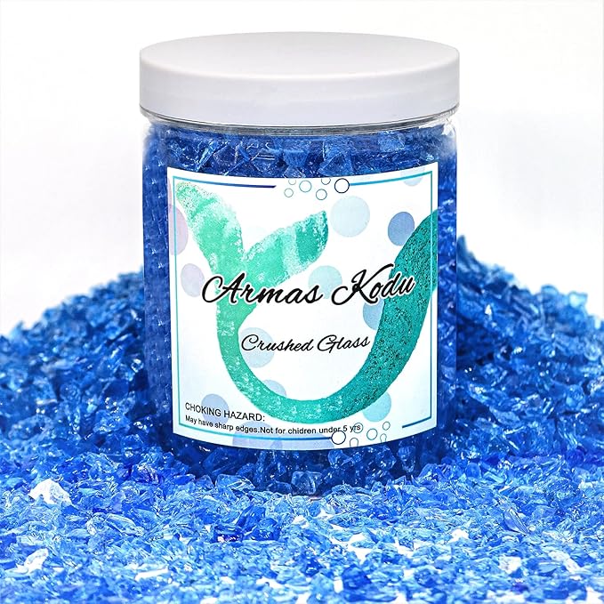 Crushed Glass for Resin Art - 3-6mm Ocean Blue, 1.5lb | Broken Glass Pieces for Crafts, Vase Filler & Fire Pit Media | Decorative Stones