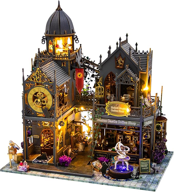 DIY Miniature House Kit, Dollhouse for Adults to Build, Birthday/Christmas Day Gift for Family and Friends, Magic Castle, Haunted Dollhouse, Prefab Tiny Home with LED Lights(Huoluo Castle)