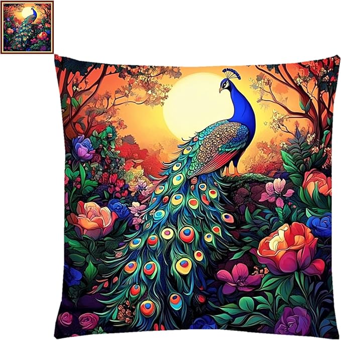 Fanxvivy Stamped Cross Stitch Kits for Adults Beginners Pillow Needlepoint Kit with Embroidery Pattern Needlework Kit Prestamped Stitches Kit 11CT Cross Stitching-Sunrise Peacock 18x18 inch