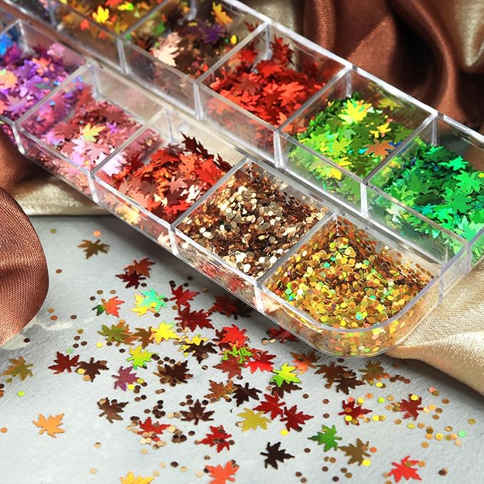 Thanksgiving Glitters Nails Sequins Fall Nail Glitter Sequins Autumn Maple Leaf Flakes Design Nails Charms Holographic Mixed Color 3D Confetti Maple Leaves Nails Glitter for Women
