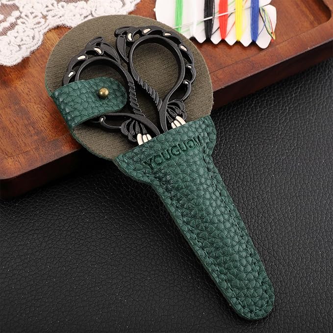 Embroidery Scissor with Case, Yarn Scissors for Sewing Craft Cross Stitch Crochet, Detail Shears Threading Snips Vintage Golden Black