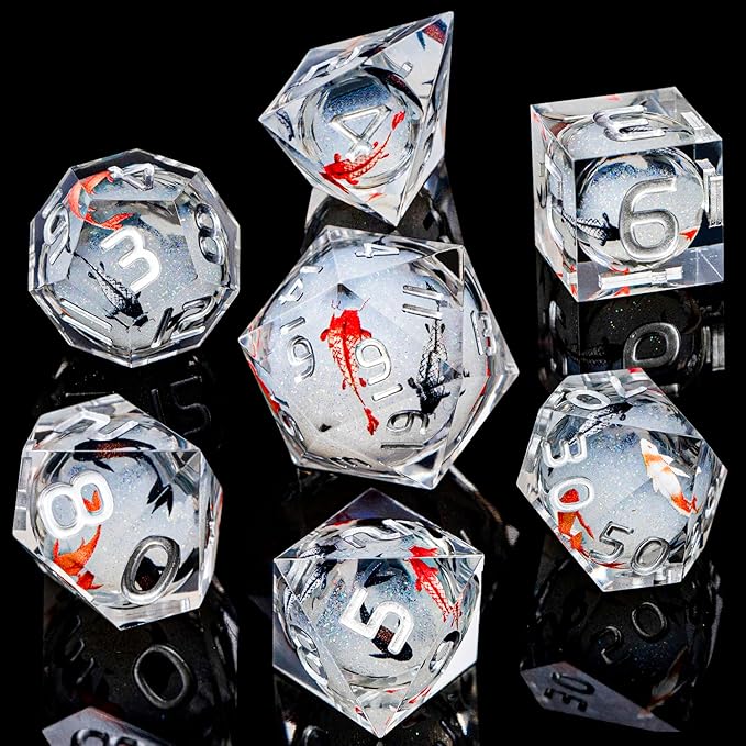 ARUOHHA DND Dice Set Liquid Core Koi Fish Sharp Edged Dragons Dice Compatible with D&D Role Playing Game, RPG Handmade Resin Dungeons Polyhedral D and D Dice Set D20 D12 D10 D8 D6 D4