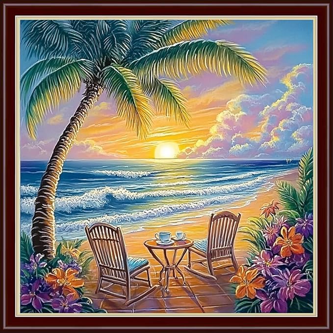 Dimensean Stamped Cross Stitch Kits Full Range of Embroidery Patterns Starter Kits for Beginners Adult or Kids DIY Cross Stitches Needlepoint Kits 11CT-Rest at Sunrise by The Seaside 18x18 inch
