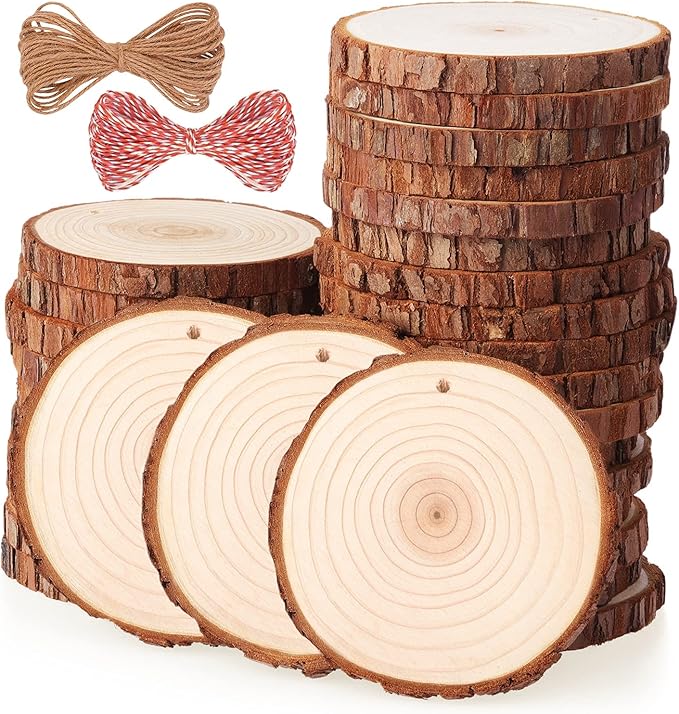 Fuyit Natural Wood Slices, 30 Pcs 3.5-4 Inch Unfinished Predrilled Wooden Circles Tree Slice with Hole & Barks for DIY Arts Craft Christmas Ornaments