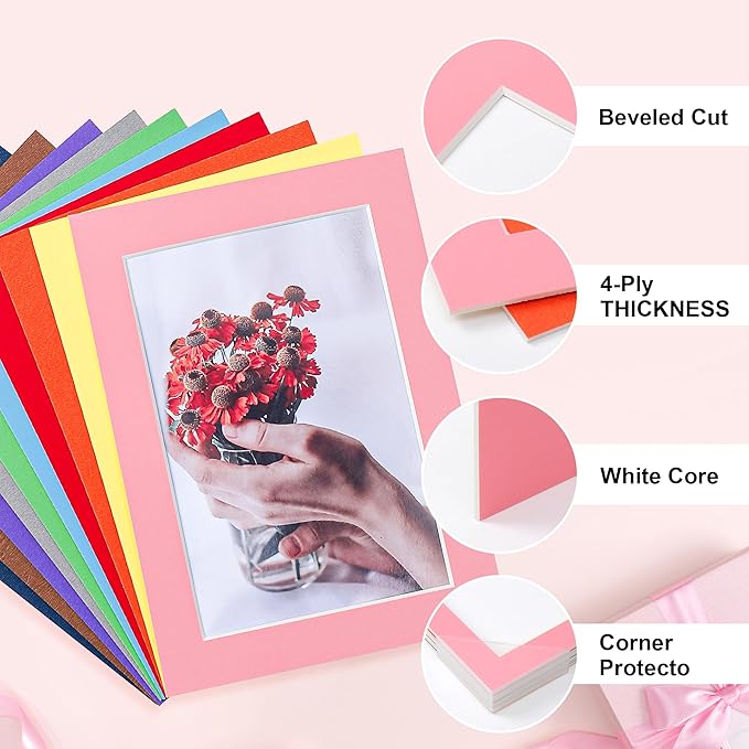 HOTUO 10 Pack 5x7 Mixed Colors Picture Mats, 4 Ply Thickness Frame Mattes for 4x6 Photo, Photo Mat with Core Bevel Cut, for Frames/Artwork/Print/Picture