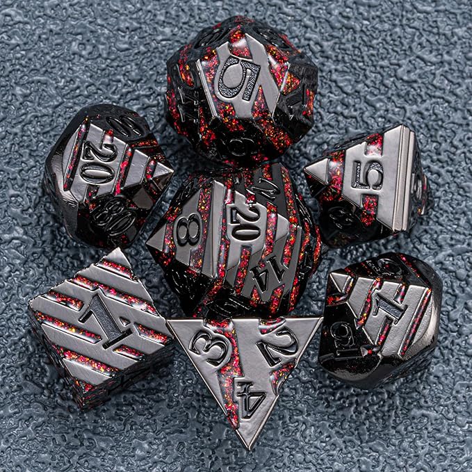 Metal Dice Set DND,Metallic Glitter Stripes D&D Dice Set,7 PCS Polyhedral Dice Set with Gift Case for Dungeons and Dragons Tabletop Game(Black Nickel Red)