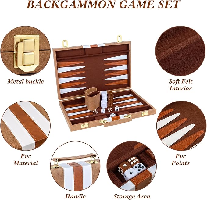 Backgammon Set 2 Players Classic Backgammon Sets for Adults Board Game with PU Leather Case Portable and Travel Backgammon Set (Retro Brown, 15inch)