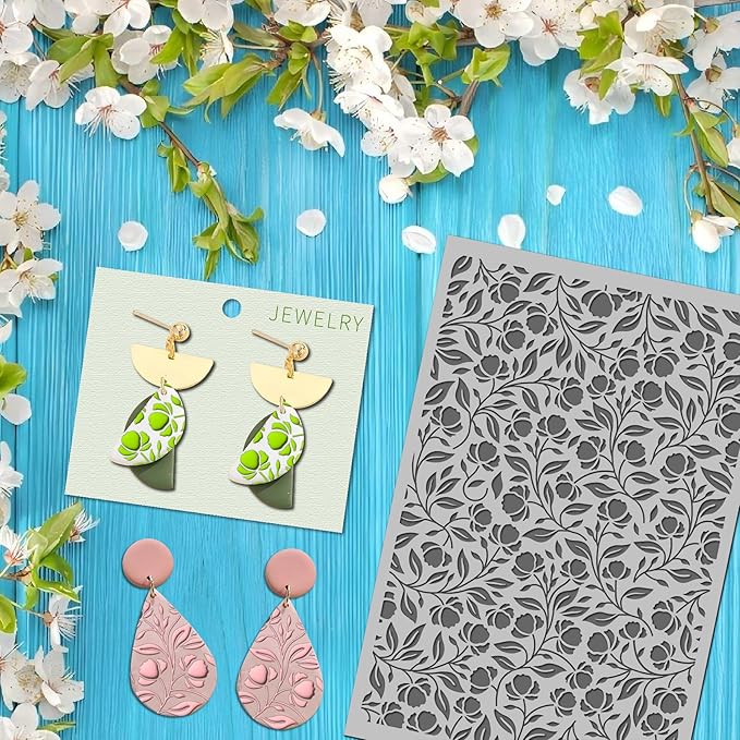 Arbuya Floral Blossom Polymer Clay Texture Mat - Flowers Leaves Leaves Texture Sheet for Polymer Clay Jewelry Making, Earring Charms, DIY Craft Supplies