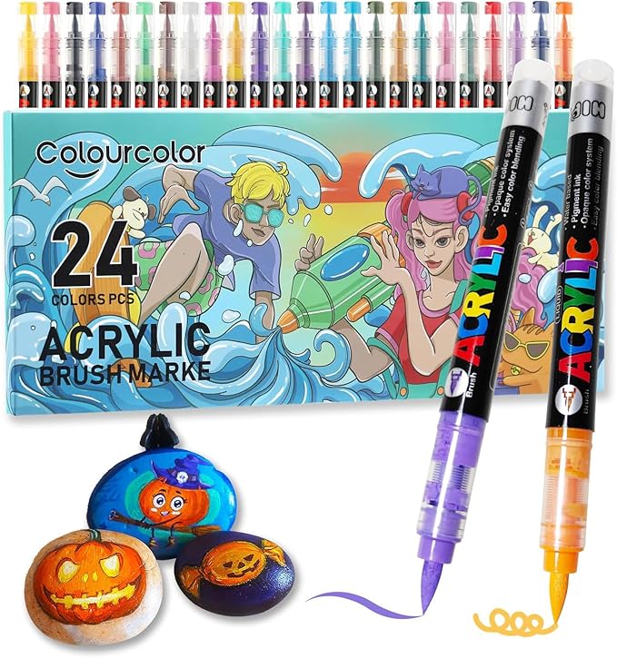 24 Colors Acrylic Paint Pens, Non-Bleeding Brush Tip Markers Pens for Glass, Canvas, Stone, Rock Painting, Wood, Ceramic Surfaces, DIY Crafts Making Art Supplies