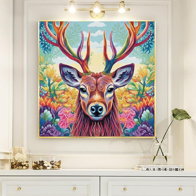 51buyoutgo 11CT Stamped Cross Stitch Kits for Adults - 16x16 in Beginner Embroidery Kit with Easy Funny Washable Animal Deer Pattern, Pre Printed Fabric, Fit for DIY Home Decor, Gifts & Stress Relief