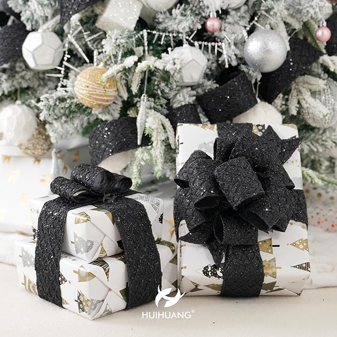 HUIHUANG Glitter Black Wired Ribbon for Christmas Tree 2.5 inch Black Diamond Mesh Wire Ribbon for Tree Decoration, Wreaths, Garland, Gift Wrapping, Bows Making, Halloween Decor -10 Yards