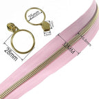 Leekayer #5 Gold Metallic Nylon Coil Zippers by The Yard Bulk 10 Yards Pink Zipper Tape with 25pcs Gold Ring Pull Sliders for DIY Sewing Tailor Craft Bag(Pink)
