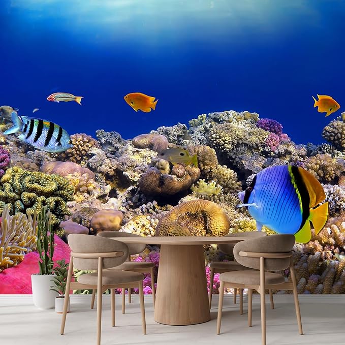 wall26 Wall Sticker/Wall Mural Tropical Blue Fish Coral Reef Ocean Seascape Nature Wilderness, Not Peel and Stick, Non-Woven Wallpaper Decorative for Bedroom, Living Room, Office - 120x120 inches