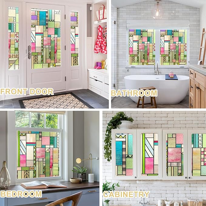 3D Stained Glass Window Privacy Film, Heat Control UV Blocking Static Cling Decorative Window Film for Bathroom,Front Door,Home Non Adhesive,Colorblock 23.6 x 35.4 inches