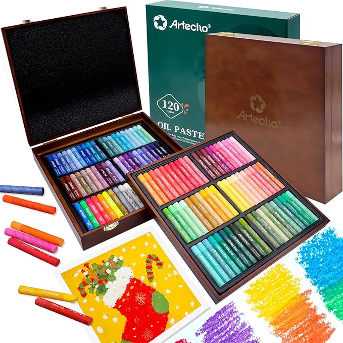 Artecho Oil Pastels Set of 120 Colors Wooden Box, Soft Oil Pastels for Art Painting, Drawing, Blending, Ideal Gift Choice for Everyone (10 x 70 mm)