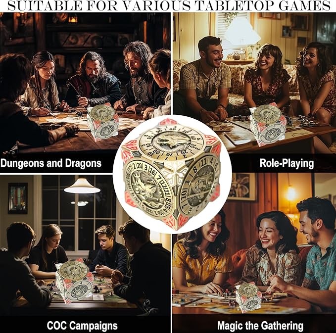 6 Sided Spinner DND Dice - Metal D4 D6 D8 D10 D10% D12 D20 All in One D&D Set - Cool Role Playing Gifts for Dungeons and Dragons TRPG MTG Games Lover Players Upgrade Ancient Bronze