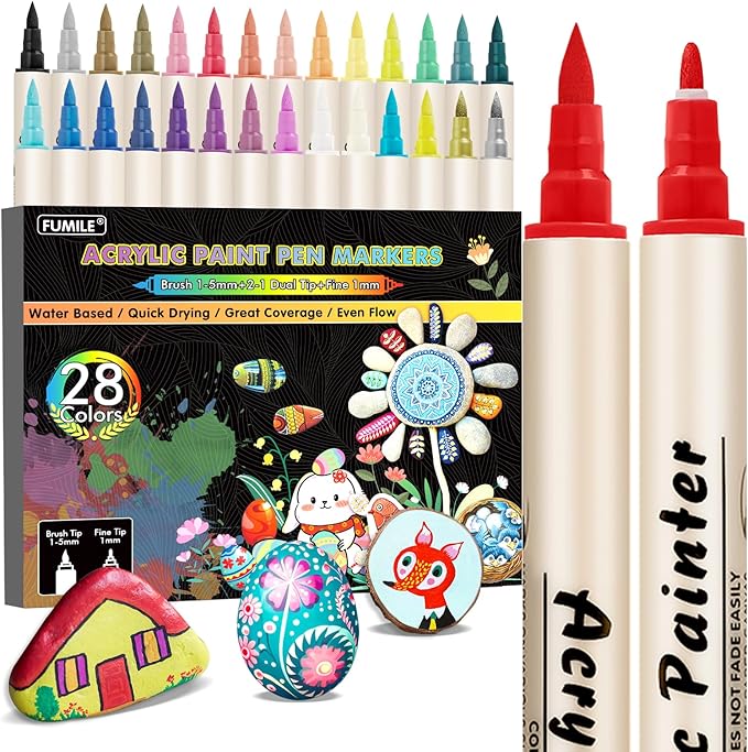 FUMILE 28 Colors Dual Tip Acrylic Paint Marker, Paint Pens paint Markers Fine Tip and Brush Tip for Rock,Wood,Plastic,Glass,Ceramic,Canvas.Acrylic Markers for Adult Coloring Book and Cards
