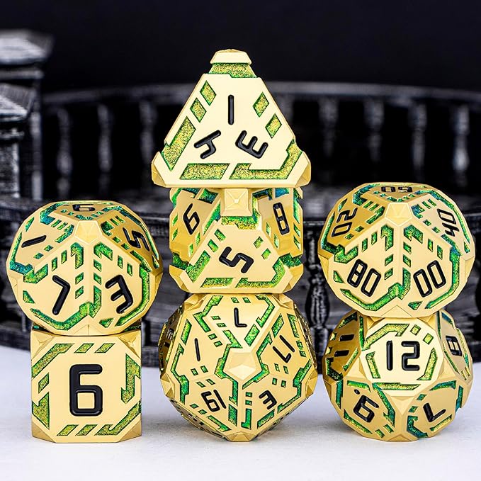 Metal DND Sci-fi Dice Set 7PCS Stripe Polyhedral Dice for Dungeons Dragons RPG Role Playing Game, Glitter D and D Dice with Gift Box D6 D8 D10 D12 D20 (Golden Green)