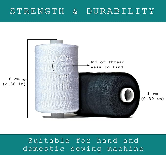 Black & White Sewing Thread - 6 Spools of Polyester Thread for Sewing Machine for Beginners, Hand Stitching & Quilting - 1000 Yards Per Spool