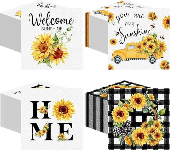 Fulmoon 200 Pieces Summer Sunflower Cocktail Napkins Disposable Floral Dessert Paper Napkins Bulk Sunshine Decoupage Beverage Towel for Summer Sun Party Dinner Decorative