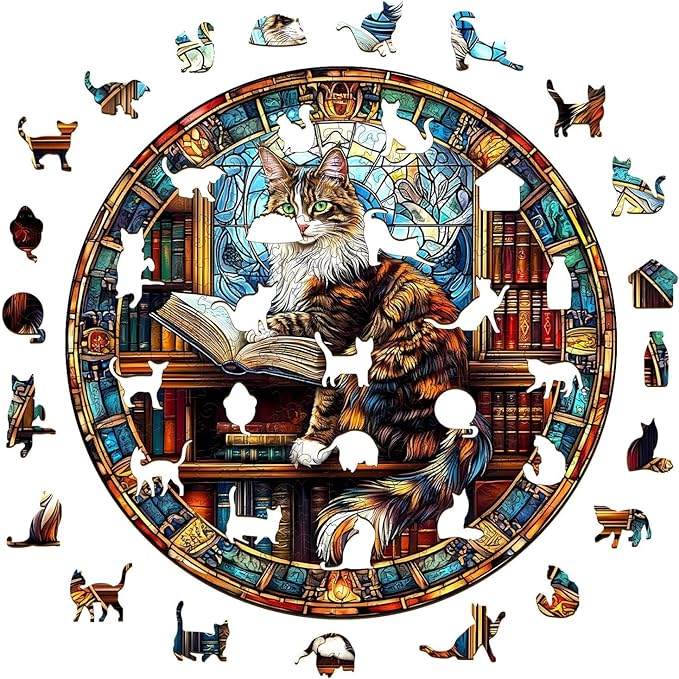 Wooden Puzzles Adults, Maine Cat Library Wooden Puzzles 300 Pieces, Unique Animal Shaped Wood Challenging Jigsaw Puzzles Gifts for Adults, 13.4x13.4in