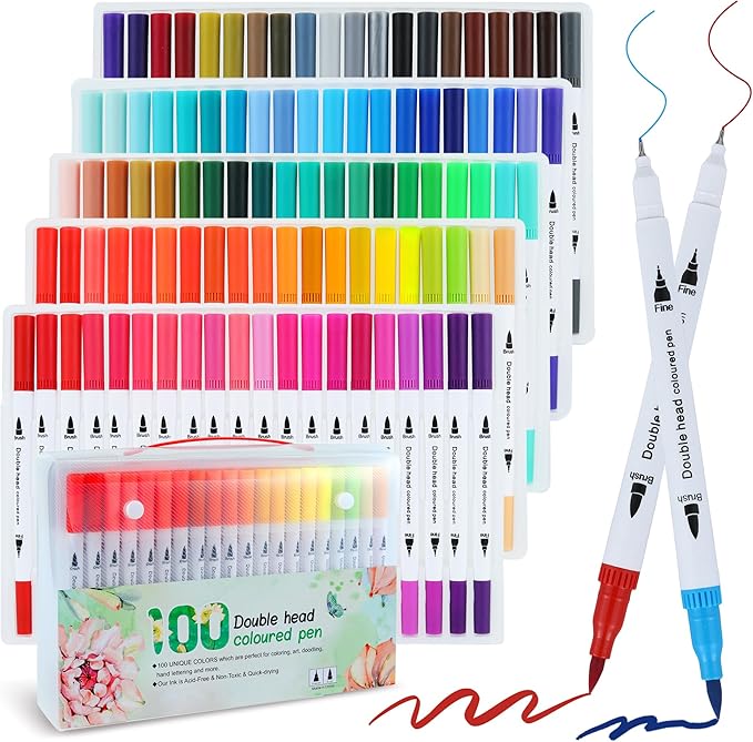 100 Colors Dual Brush Markers for Adult Kids Coloring Books, Water-Based Ink Art Marker Pens Set with Fine & Brush Tips for Bullet Journaling, Drawing, Hand Lettering, Sketching