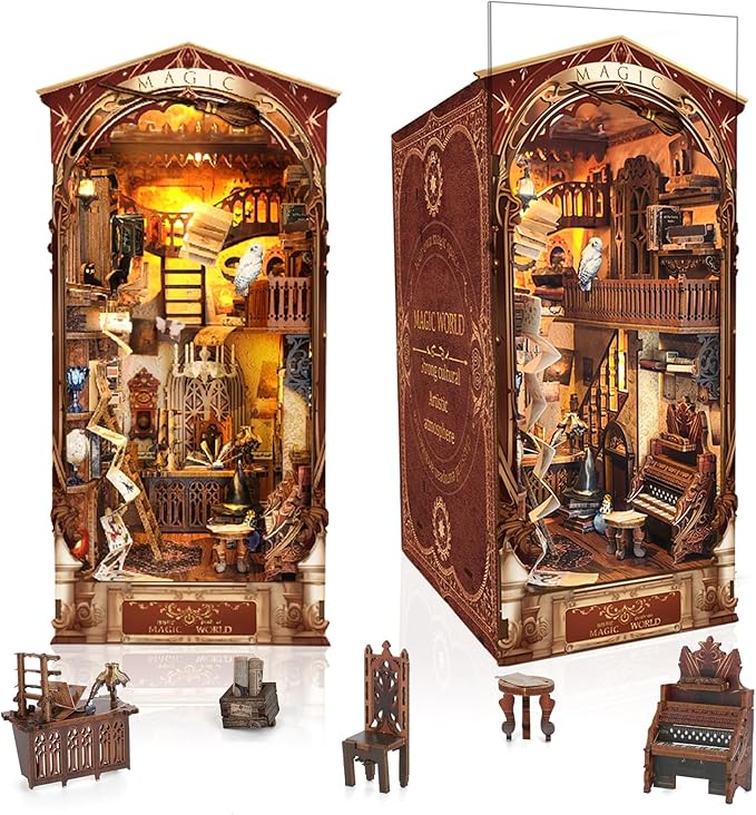 DIY Book Nook Kit,New DIY Dollhouse Booknook Bookshelf Insert Decor,3D Wooden Puzzles with LED,Book Nook Miniature Kit,Birthday Easter Home Decor for Teens Adult-Magic World