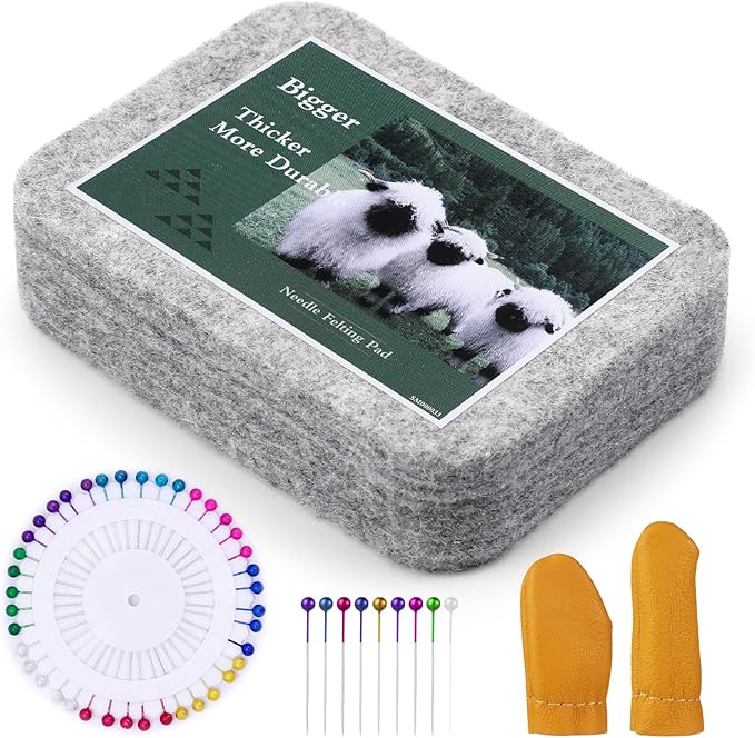 Needle Felting Mat, Needle Felting Tools, 4.6x3.3x1 inch Natural Felting Wool Mat, Felting Pad, Needle Felting Supplies, with Finger Cots and 40 Straight Pins, Felt Pad for Making Felting Crafts