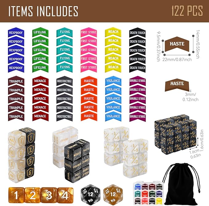 122PCS MTG Abilities Keyword Tokens Dice Counters Set for Magic The Gatering, MTG Buff Tokens Life Counters Dice, Compatible with TCG Card Gaming Accessories CCG Creature Stats