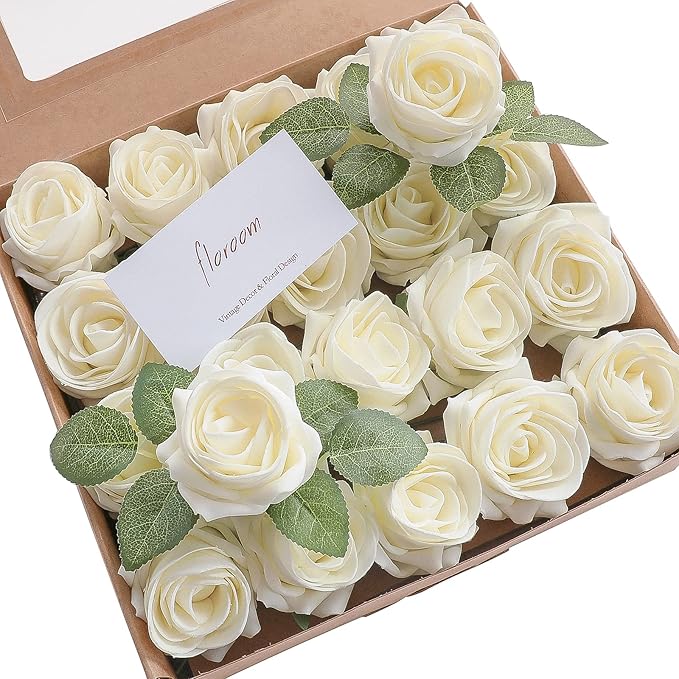 Floroom Artificial Flowers 20pcs Real Looking Ivory High-Centered Foam Fake Roses with Stem for DIY Wedding Bouquets Bridal Shower Centerpieces Floral Arrangements Party Tables Home Decorations