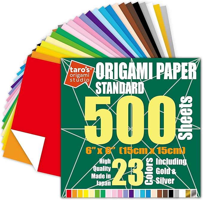 [Taro's Origami Studio] Standard 6 Inch One Sided 23 Colors 500 Sheets Square Easy Fold Premium Japanese Paper for Beginner (Gold and Silver Included)