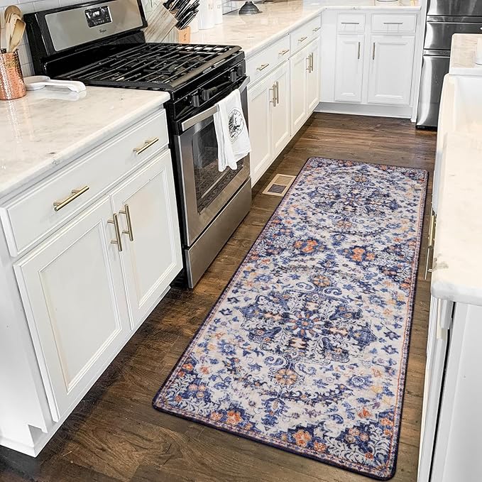 Lahome 2x6 Blue Washable Hallway Runner Rug, Bohemian Floral Medallion Kitchen Carpet Runner, Soft Non Skid Floor Runners for Bathroom Bedroom Vanity Office Sunroom